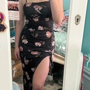 Floral Side-Ruched Black Maxi Dress with High Slit